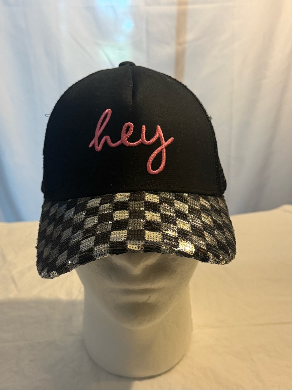 Kids Black Cap with Pink 'hey' Embroidery and Sequin Checker Visor